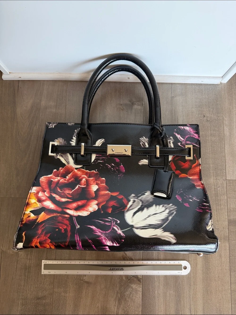 Nine West Black Floral Leather Tote Bag with Red Rose Print